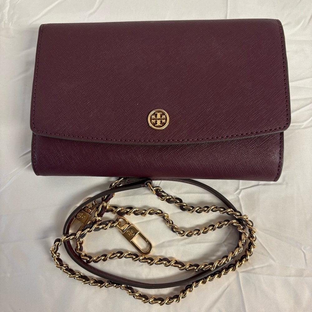 Tory Burch Plum Saffiano Leather Chain Crossbody with Gold Hardware NWOT